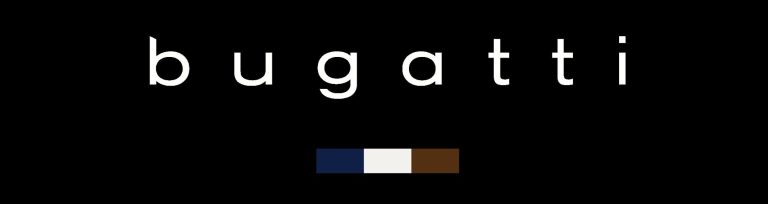 Bugatti Logo Logo von Bugatti, bestehend aus dem Schriftzug in schwarzer Schrift und drei farbigen Balken.